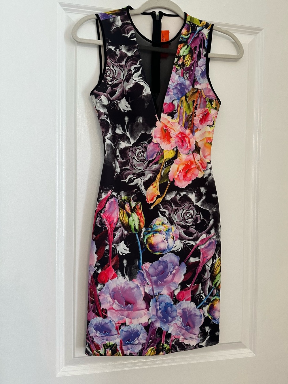 Clover Canyon Black Floral V‑Neck Mini Dress with Multicolor Blooms